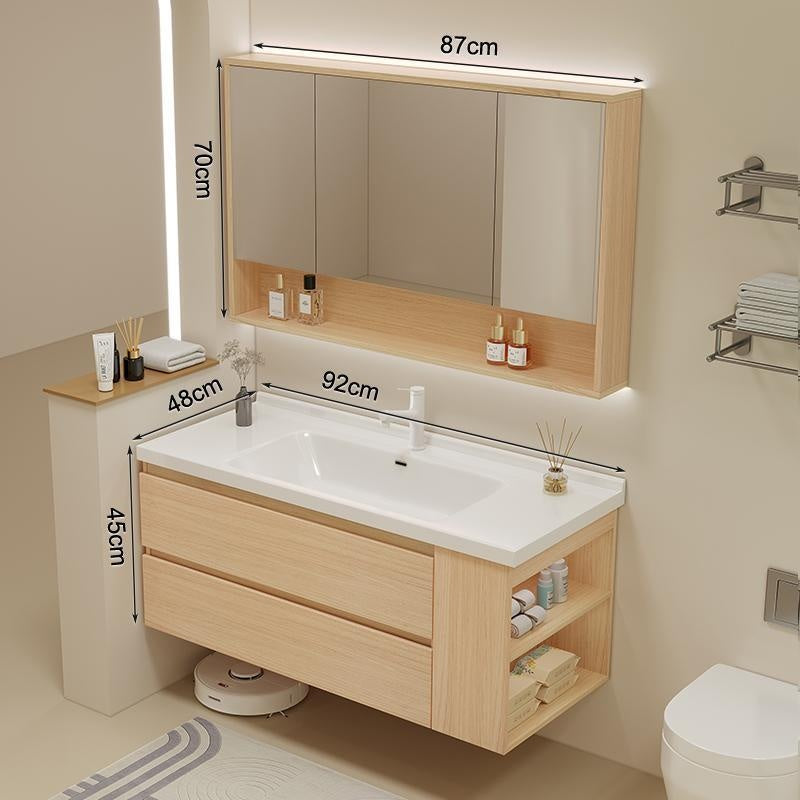 Set Singki Bilik Mandi Kabinet Cermin Pintar Penyimpanan Kayu Padu QW- 