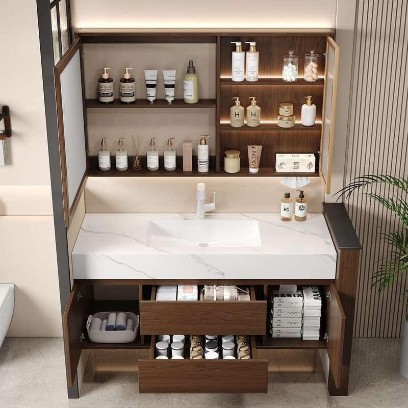 QW- Kabinet Cermin Pintar Penyimpanan Kayu Asli Buatan Sendiri untuk Bilik Mandi, Set Singki Bilik Mandi