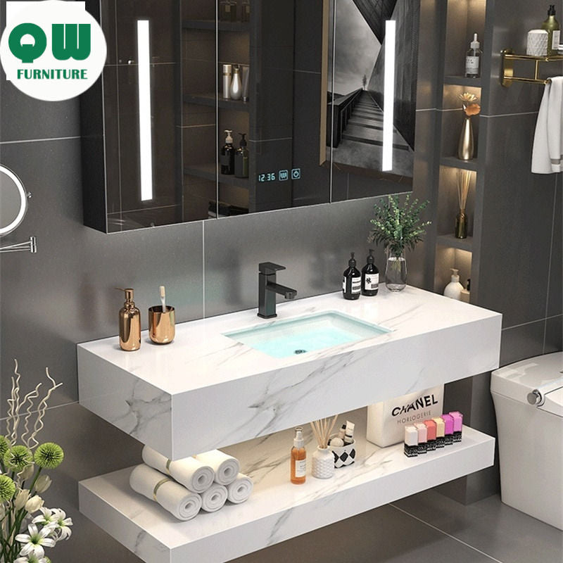 QW- Kabinet Penyimpanan Singki Marmar Cermin Pintar di Bilik Mandi