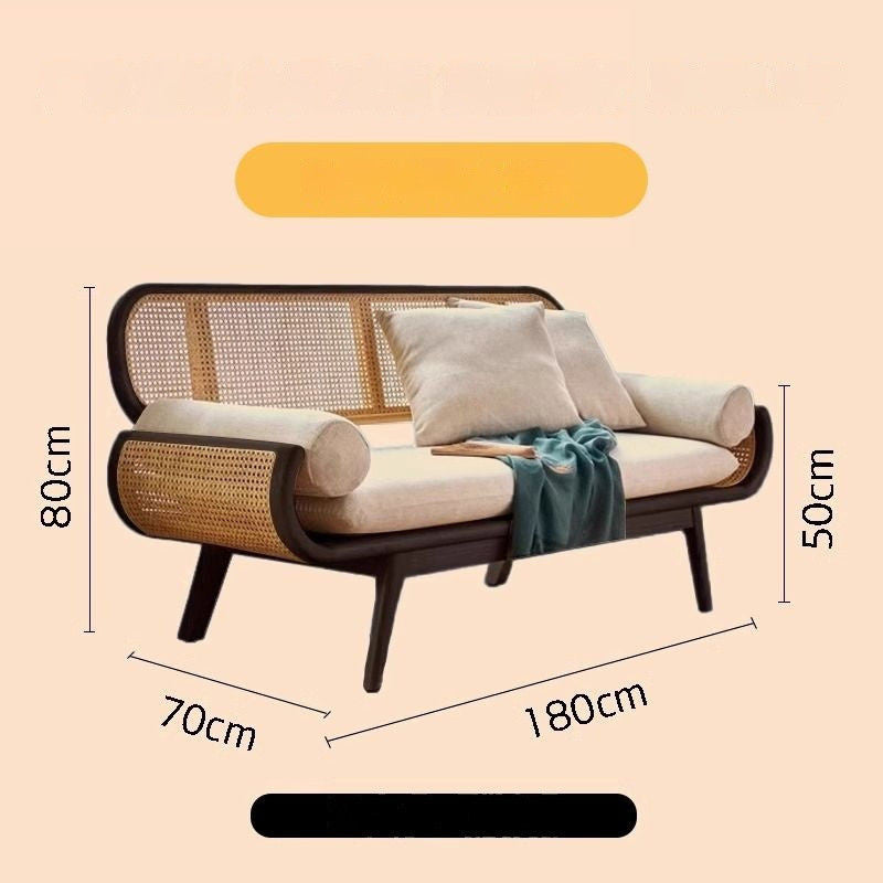 Solid Wood Rattan Woven French Lazy Sofa Living Room Bedroom Balcony Lounge Three-Person Chair