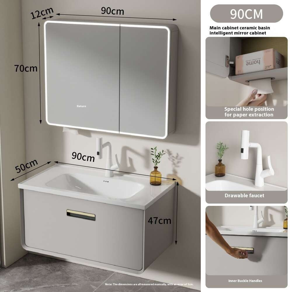 QW- Aluminum Thickened Stainless Steel Basin Smart Glass Bathroom Storage Cabinet