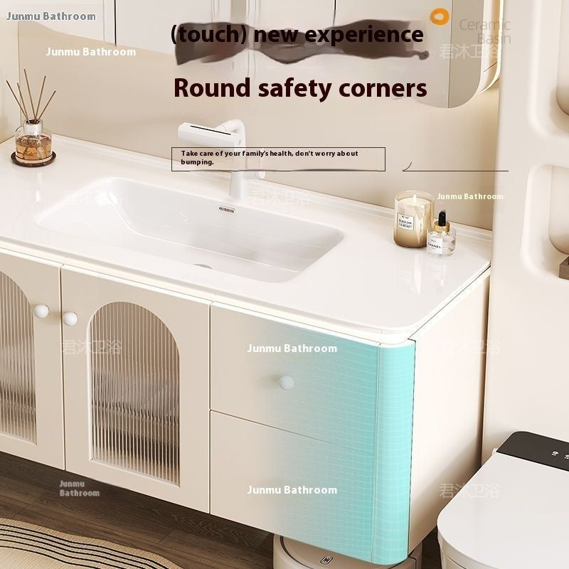 QW- Cream Color Storage Smart Mirror Cabinet Bathroom Sink Set