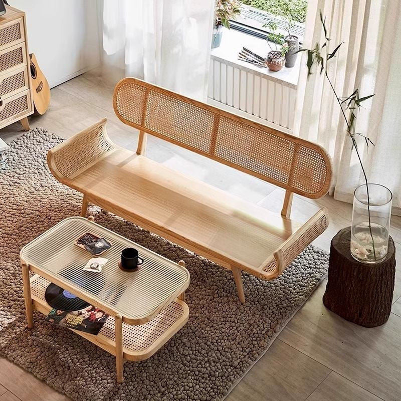 Solid Wood Rattan Woven French Lazy Sofa Living Room Bedroom Balcony Lounge Three-Person Chair