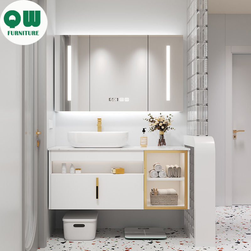 Set Singki Bilik Mandi Kabinet Cermin Pintar Penyimpanan Kayu Padu QW- 