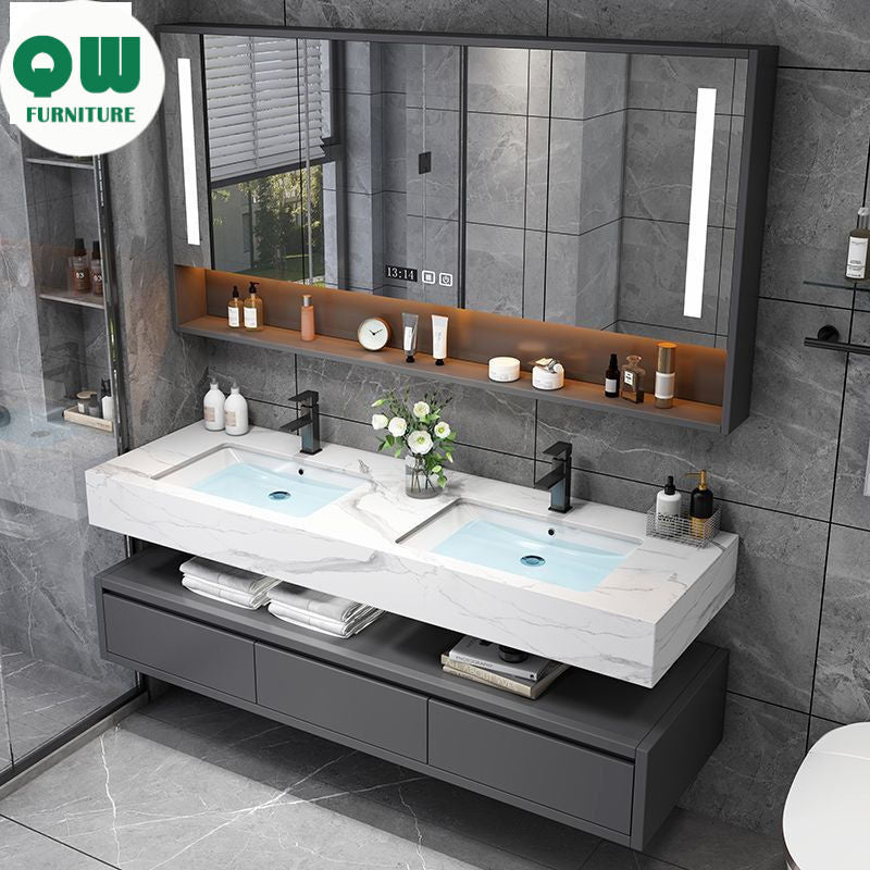 QW- Solid Wood Smart Glass Cabinet, Bathroom Sink