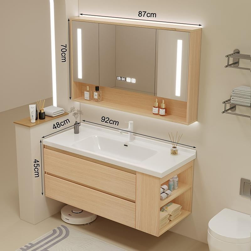 Set Singki Bilik Mandi Kabinet Cermin Pintar Penyimpanan Kayu Padu QW- 
