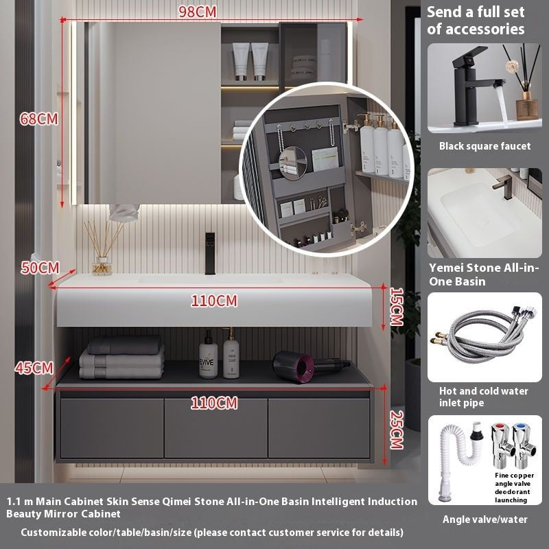 QW- Solid Wood Storage Smart Mirror Cabinet Bathroom Hand Washing Stone