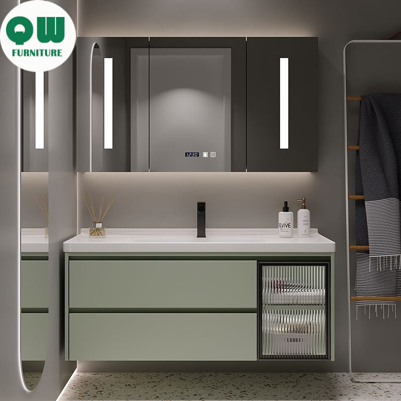 Set Singki Bilik Mandi Kabinet Cermin Pintar Penyimpanan Hijau QW- 