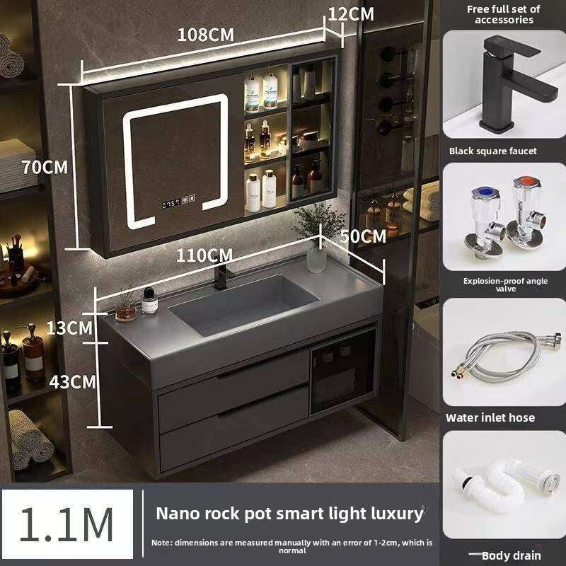 Set Kabinet Penyimpanan Kayu Asli QW- Cermin Pintar di Sinki Bilik Mandi 