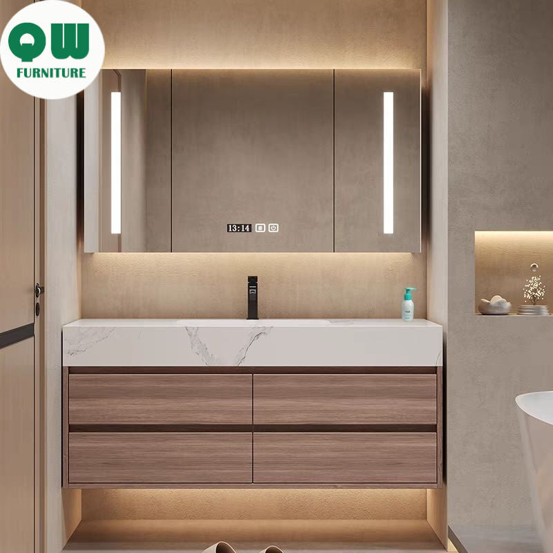 QW- Storan berkualiti tinggi diperbuat daripada kayu asli untuk kabinet cermin pintar di bilik mandi, sinki bilik mandi. 