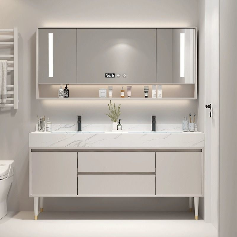 Set Singki Bilik Mandi Kabinet Cermin Pintar Penyimpanan Kayu Padu Tersuai QW 