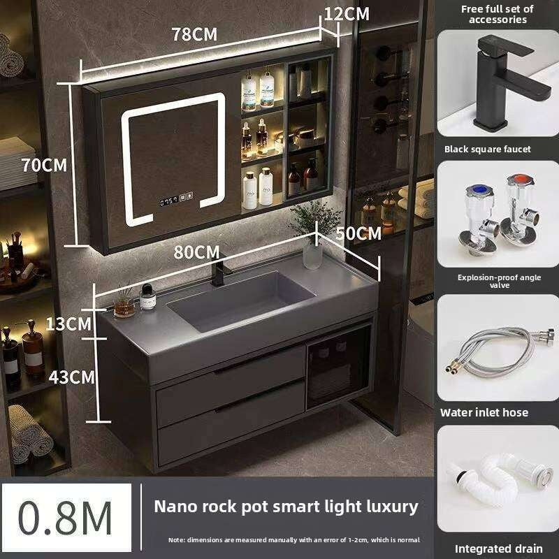 Set Kabinet Penyimpanan Kayu Asli QW- Cermin Pintar di Sinki Bilik Mandi 