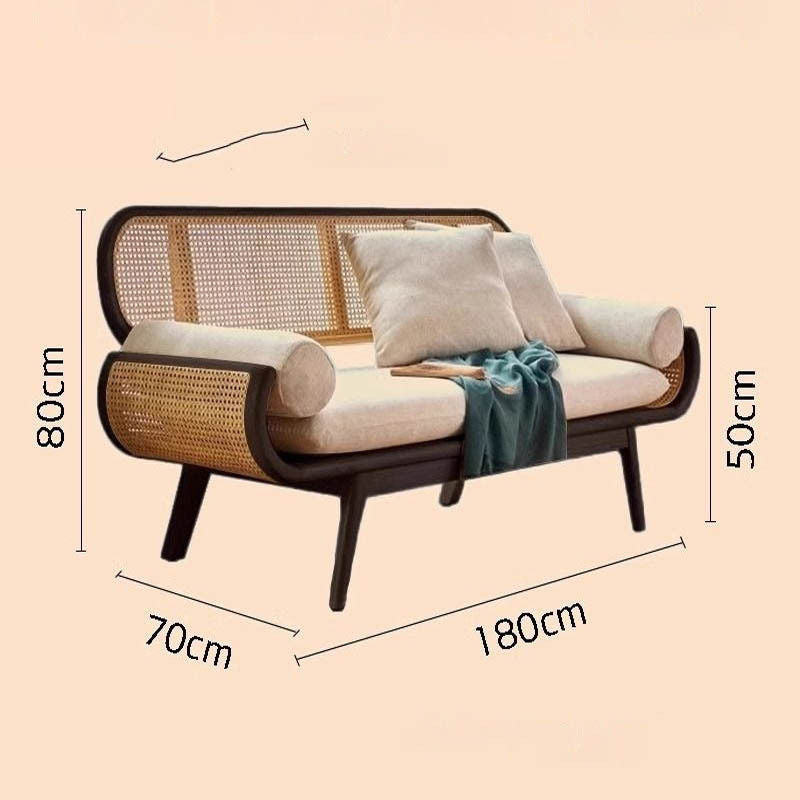 Solid Wood Rattan Woven French Lazy Sofa Living Room Bedroom Balcony Lounge Three-Person Chair