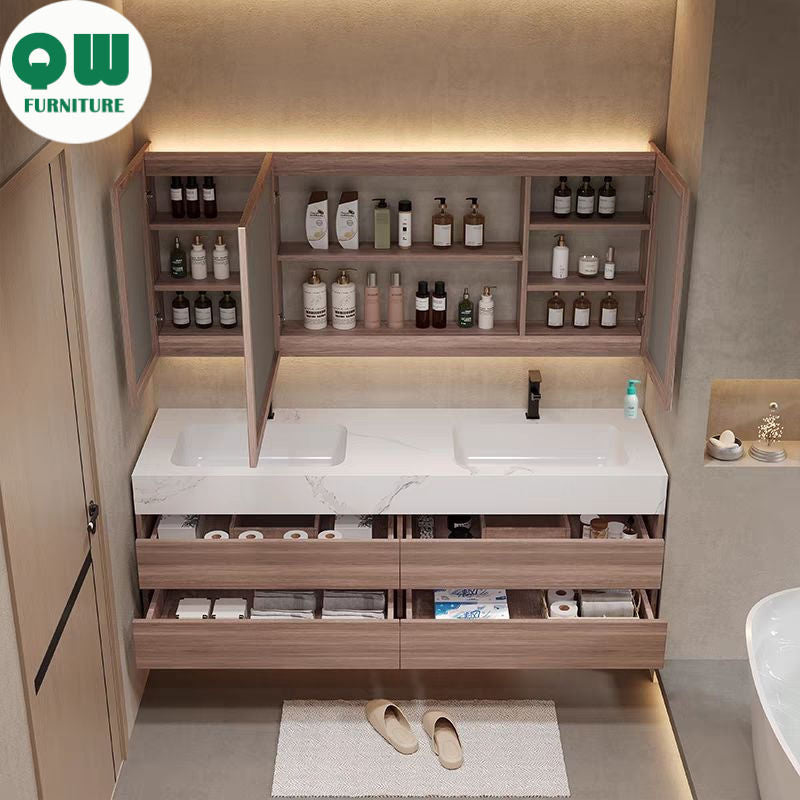 QW- Storan berkualiti tinggi diperbuat daripada kayu asli untuk kabinet cermin pintar di bilik mandi, sinki bilik mandi. 