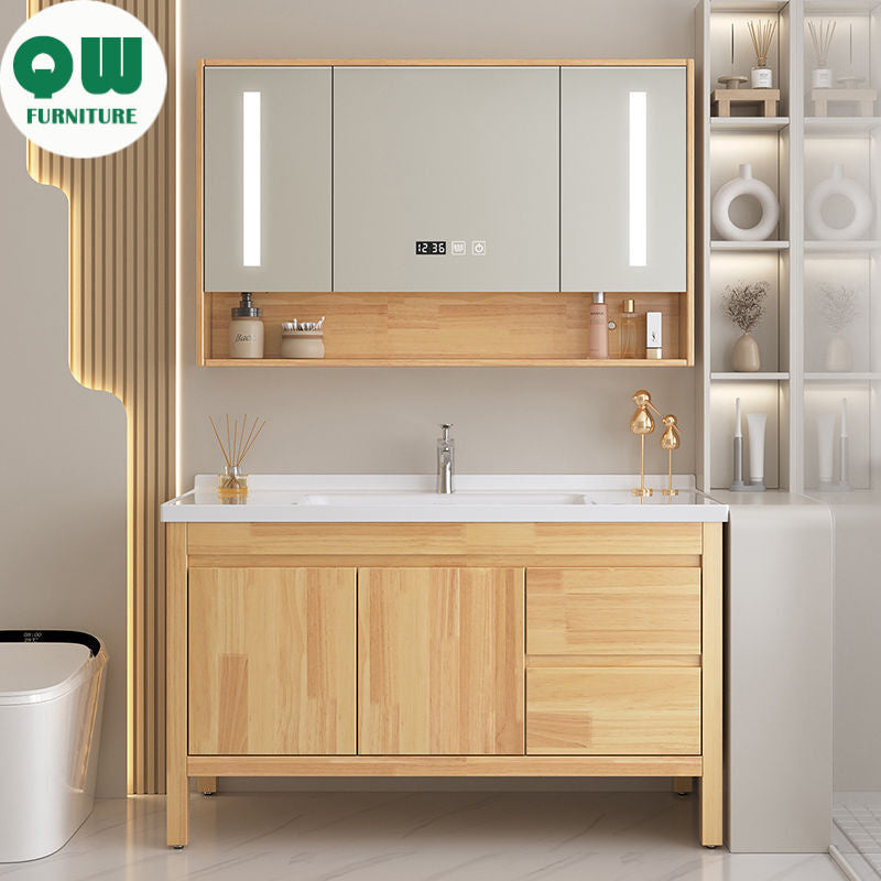 Set Singki Cermin Pintar Kabinet Penyimpanan Kayu Oak QW- di Bilik Mandi 