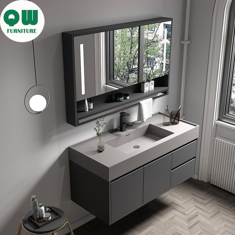 QW- Solid Wood Storage Smart Mirror Cabinet for Bathroom, Bathroom Washbasin