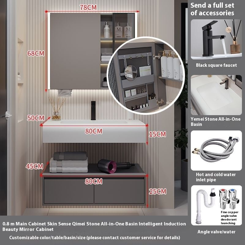 QW- Solid Wood Storage Smart Mirror Cabinet Bathroom Hand Washing Stone