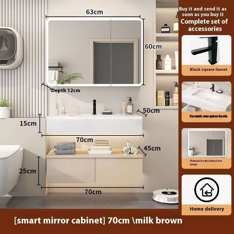 QW- Kabinet simpanan kayu asli cermin pintar di bilik mandi, sinki bilik mandi 