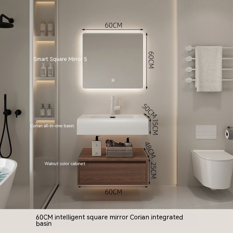 QW- Smart Mirror from Walnut Wood with Integrated Washbasin and Bathroom Storage Cabinet