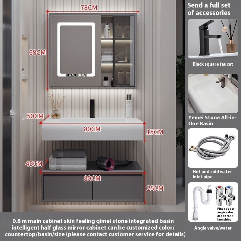 QW- Solid Wood Storage Smart Mirror Cabinet Bathroom Hand Washing Stone
