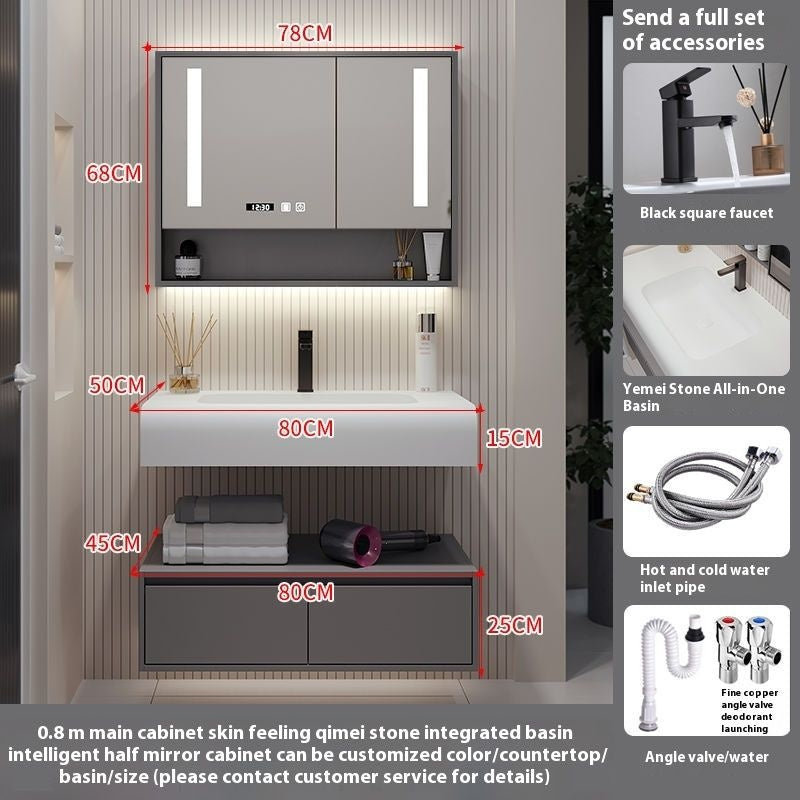 QW- Solid Wood Storage Smart Mirror Cabinet Bathroom Hand Washing Stone