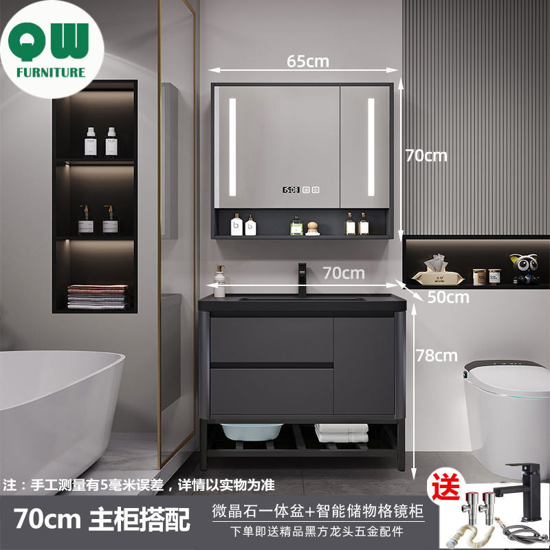 QW- Bathroom storage with smart mirror and black glass cabinet made of real wood.