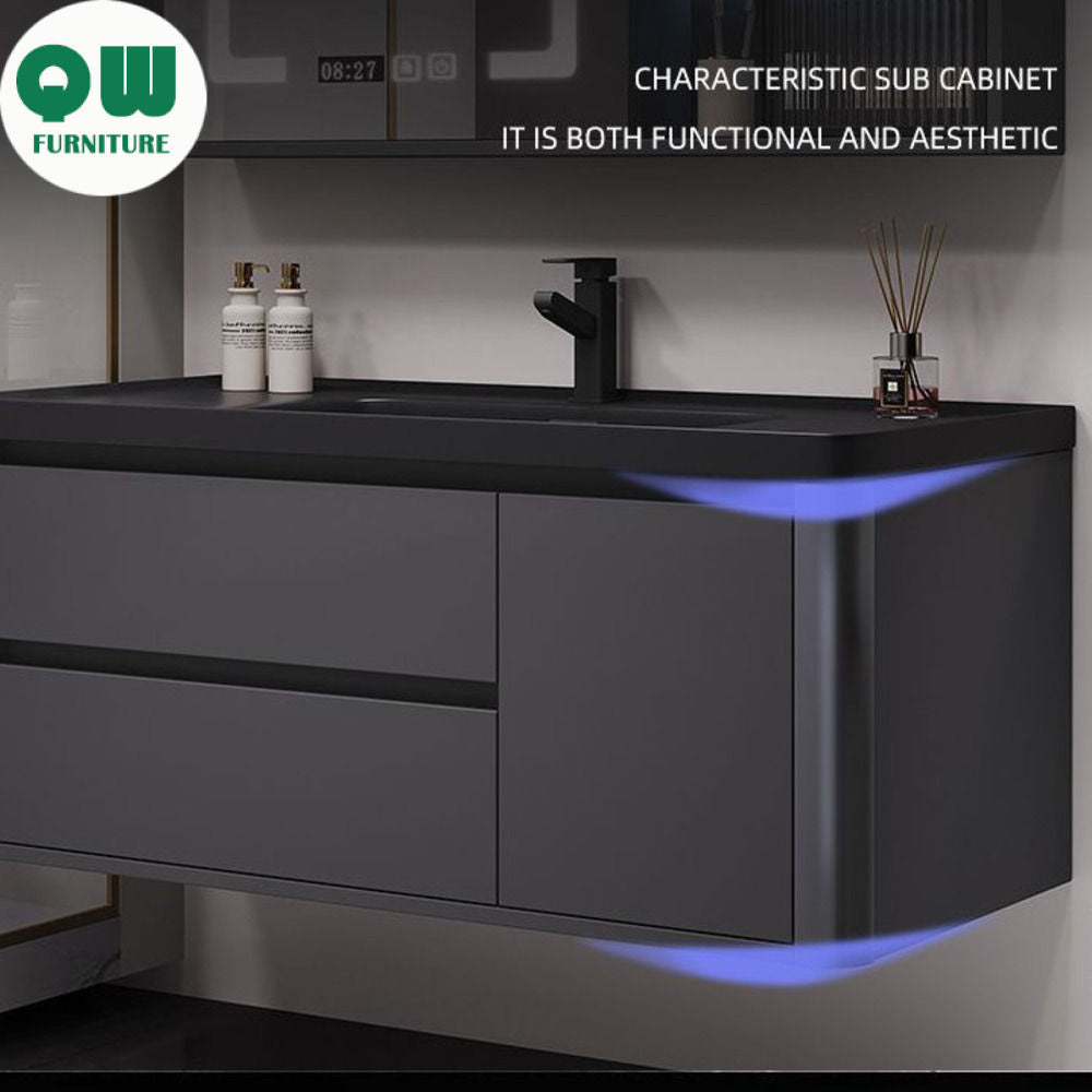 QW- Bathroom storage with smart mirror and black glass cabinet made of real wood.