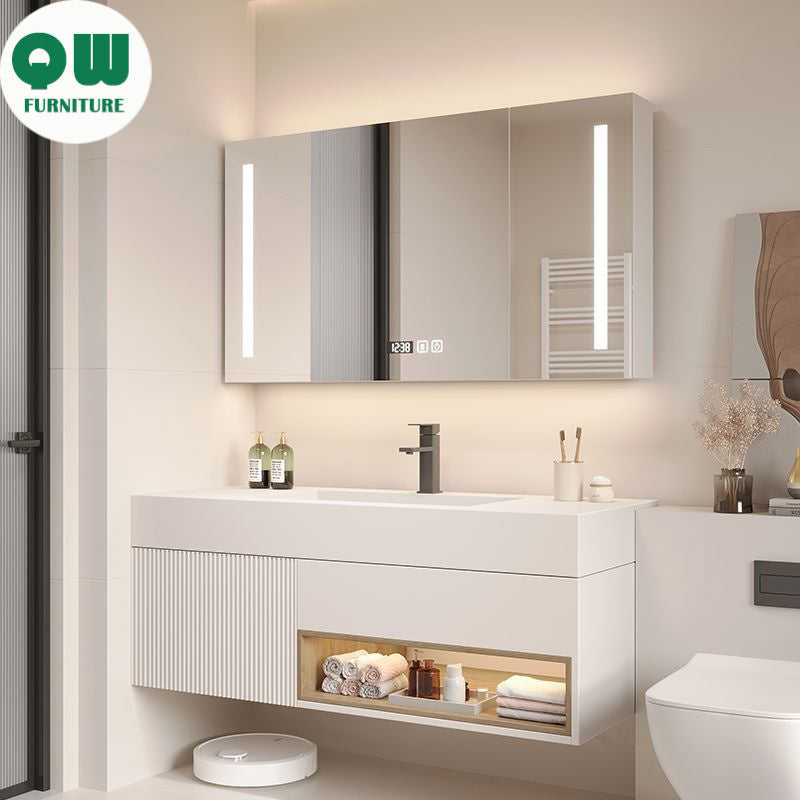 QW- White Storage Smart Mirror Cabinet in the Bathroom, Bathroom Sink